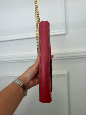 Saint Laurent Red Grained Chevron Leather Cassandre Chain Wallet
