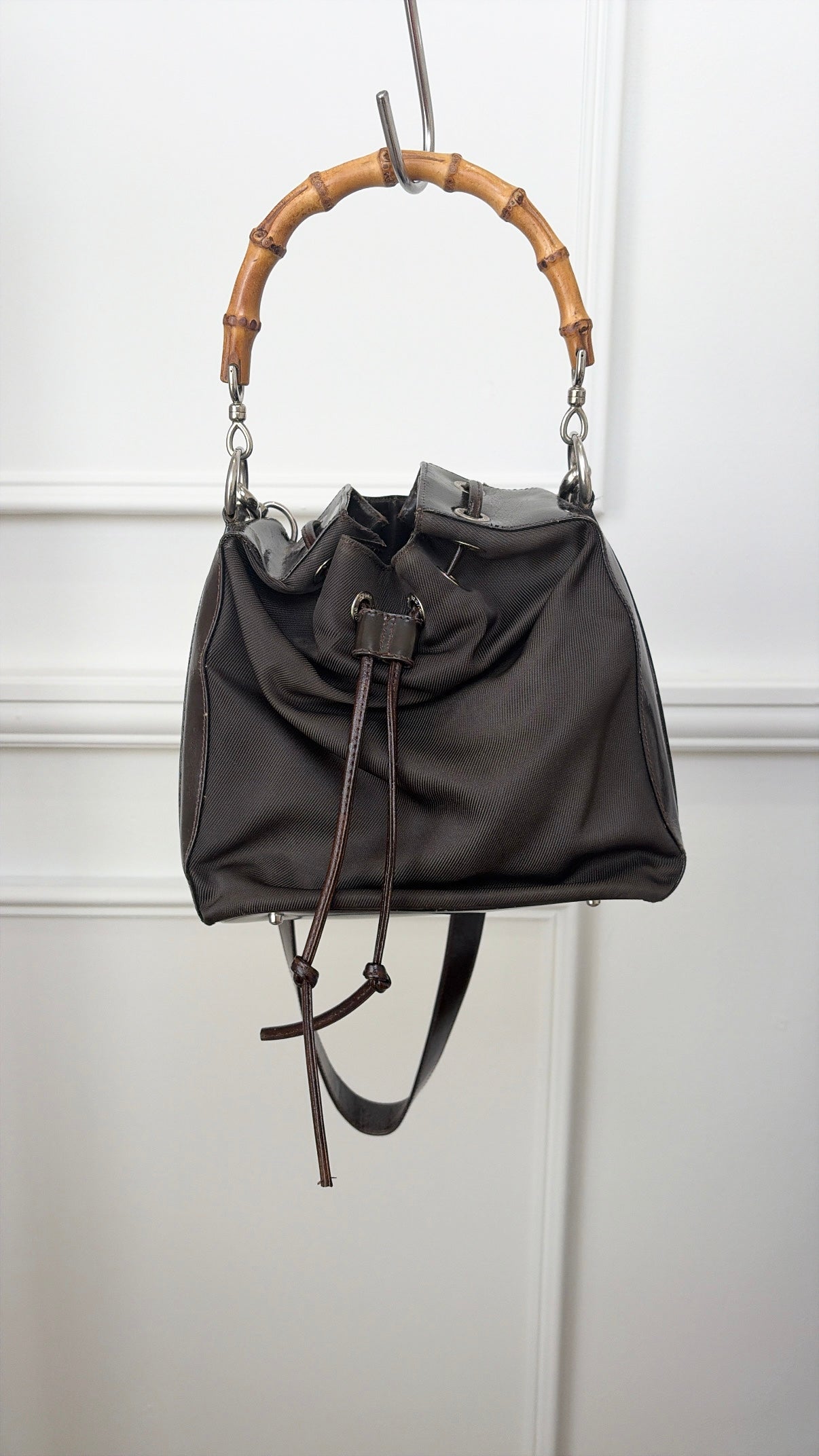 Gucci Vintage Bamboo Nylong Leather Bucket Bag, 8 AU