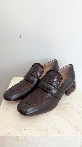 Chloé Brown Cross Embossed Leather Heeled Loafer, 39