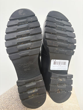 Chanel Black Leathert Platform Logo Loafer, 38.5C