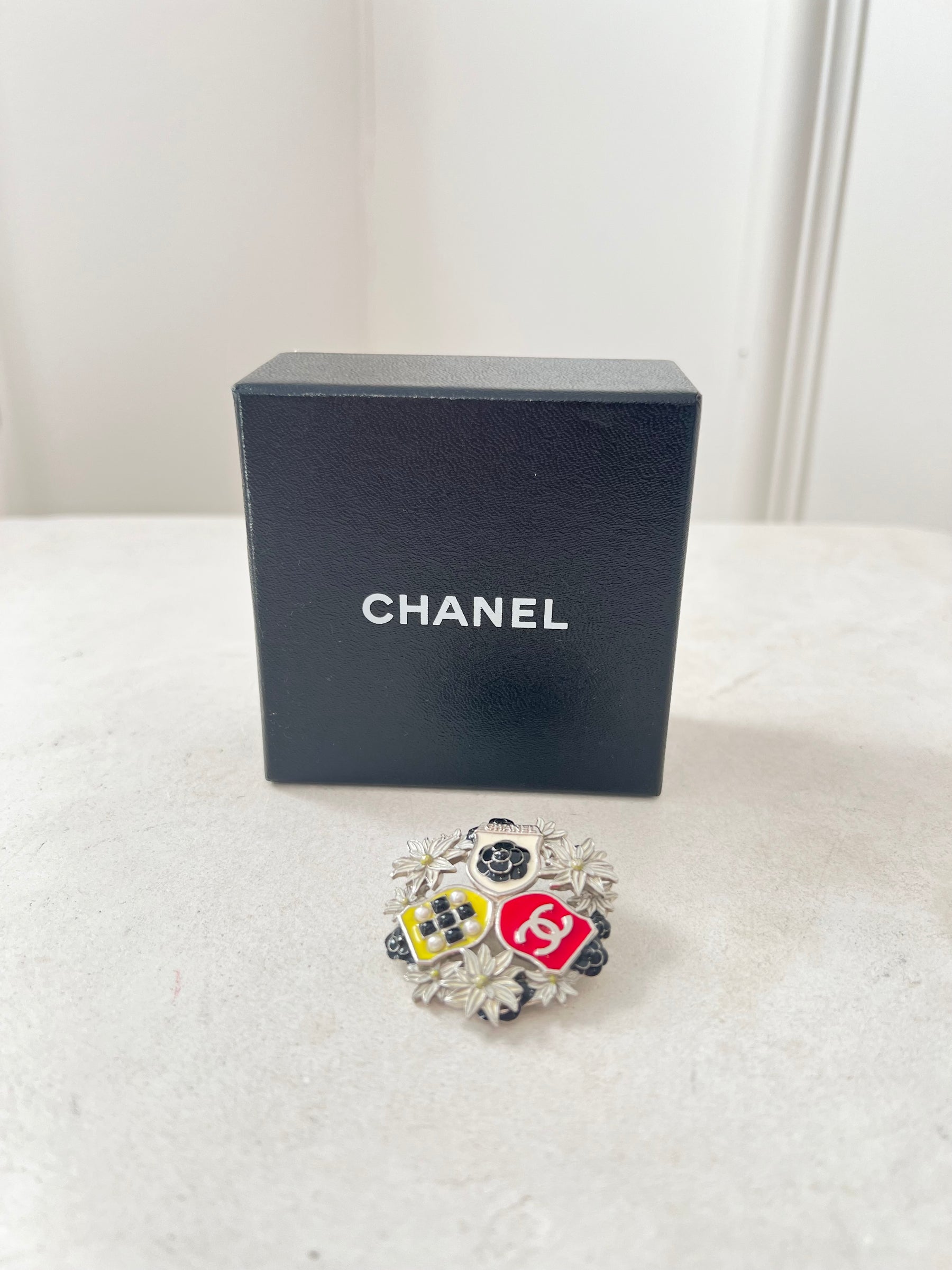 Chanel Enamel Pearl CC Camellia Badge Brooch Silver Black Red