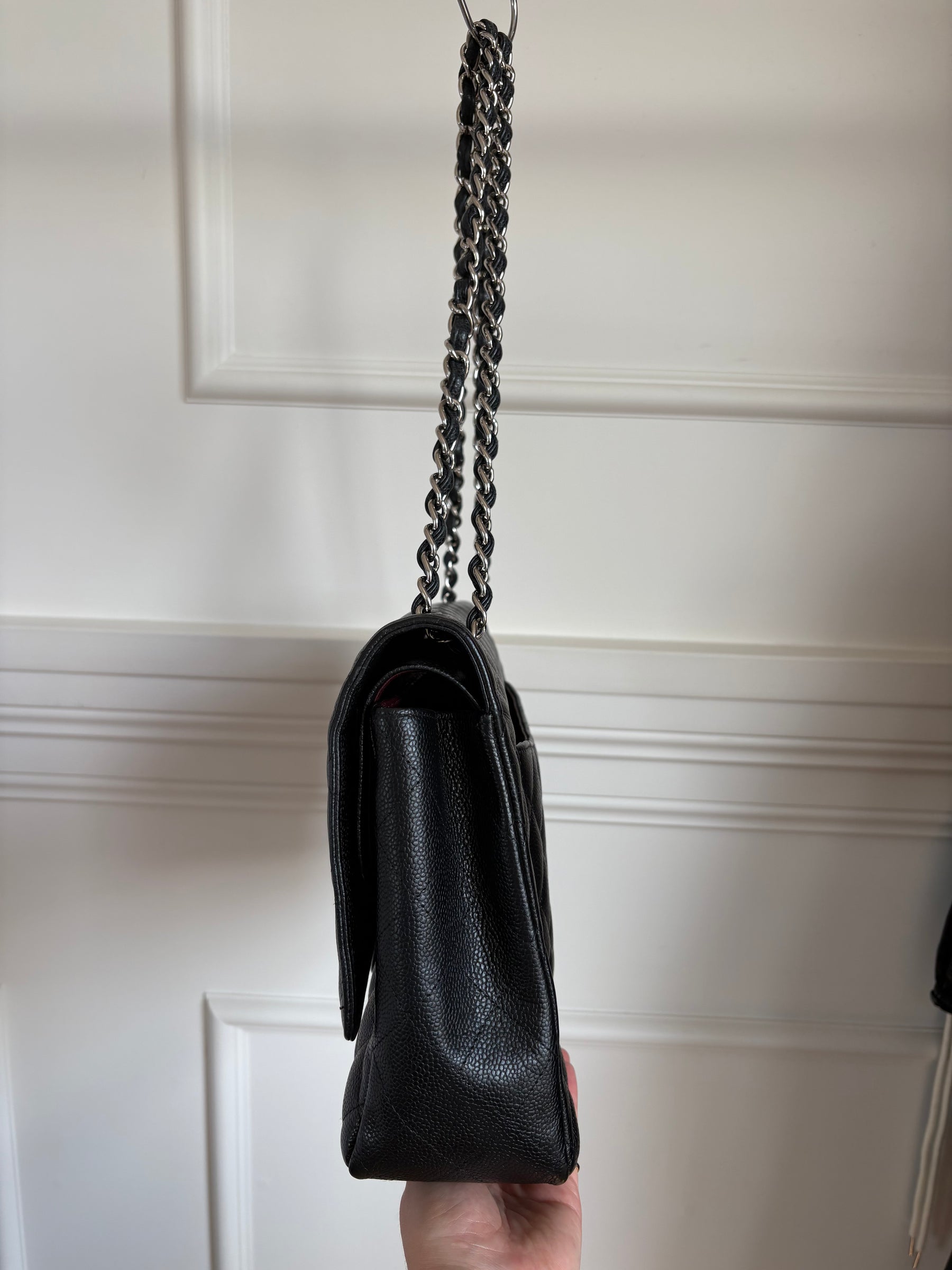 Chanel Caviar Leather Double Flap Maxi Bag Silver Hardware