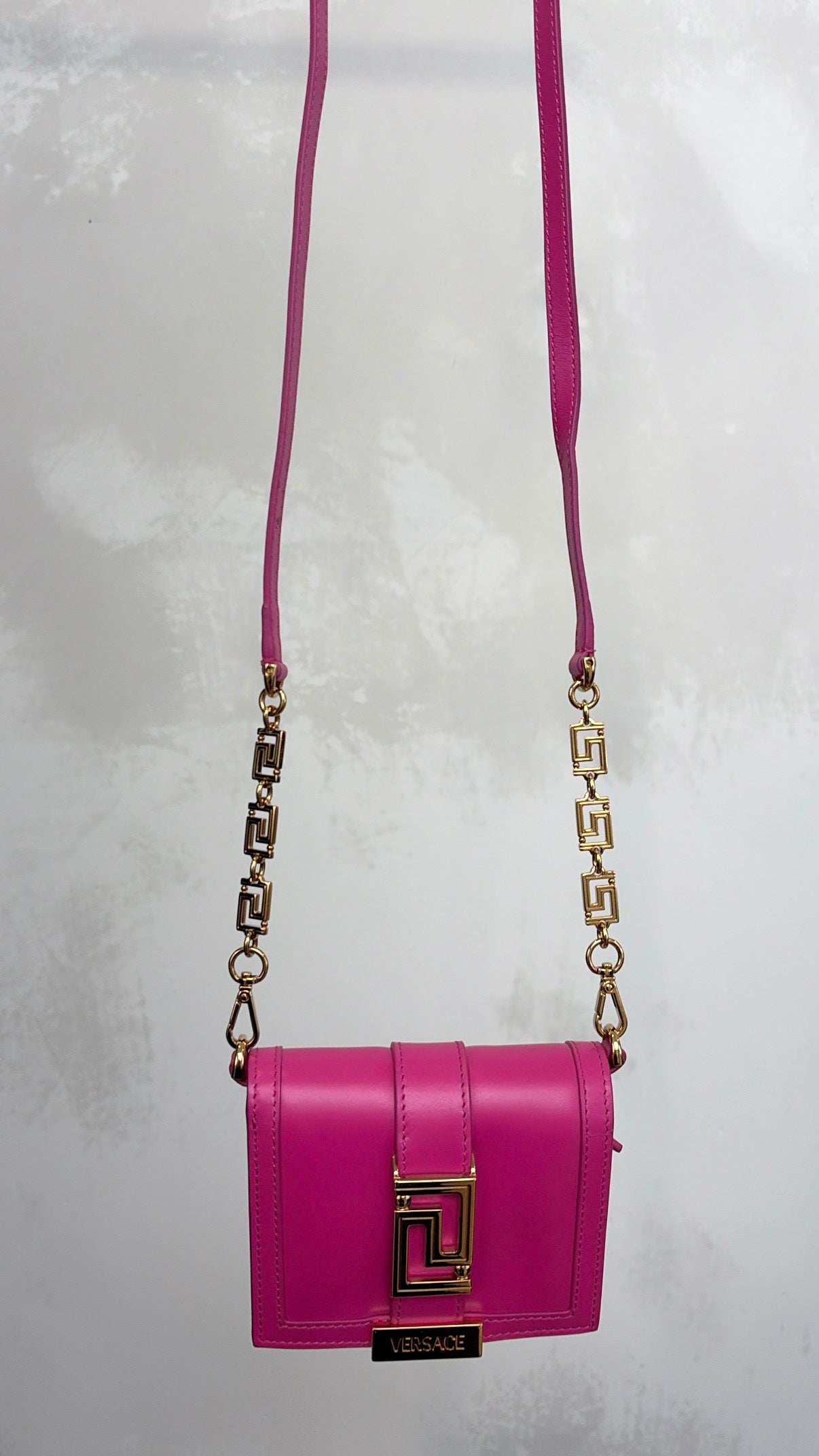 Versace Pink Leather Greca Goddess Chain Mini Wallet