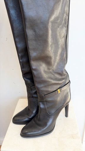 Saint Laurent Black Leather Diane Logo-Embellished knee boots, 41