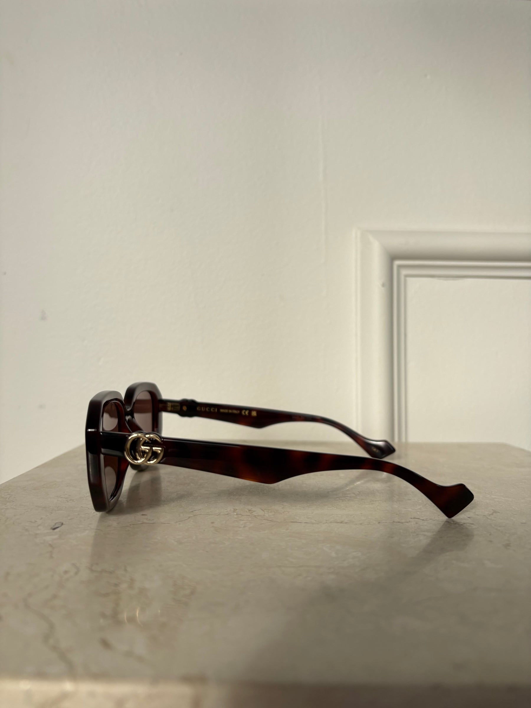 Gucci Tortoishell Slim Rectangular Sunglasses