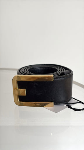 Prada Black Leather Belt With Gold Hardware, 34/85