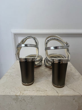 Chanel Silver Chain leather Block Heel Sandals, 38.5C