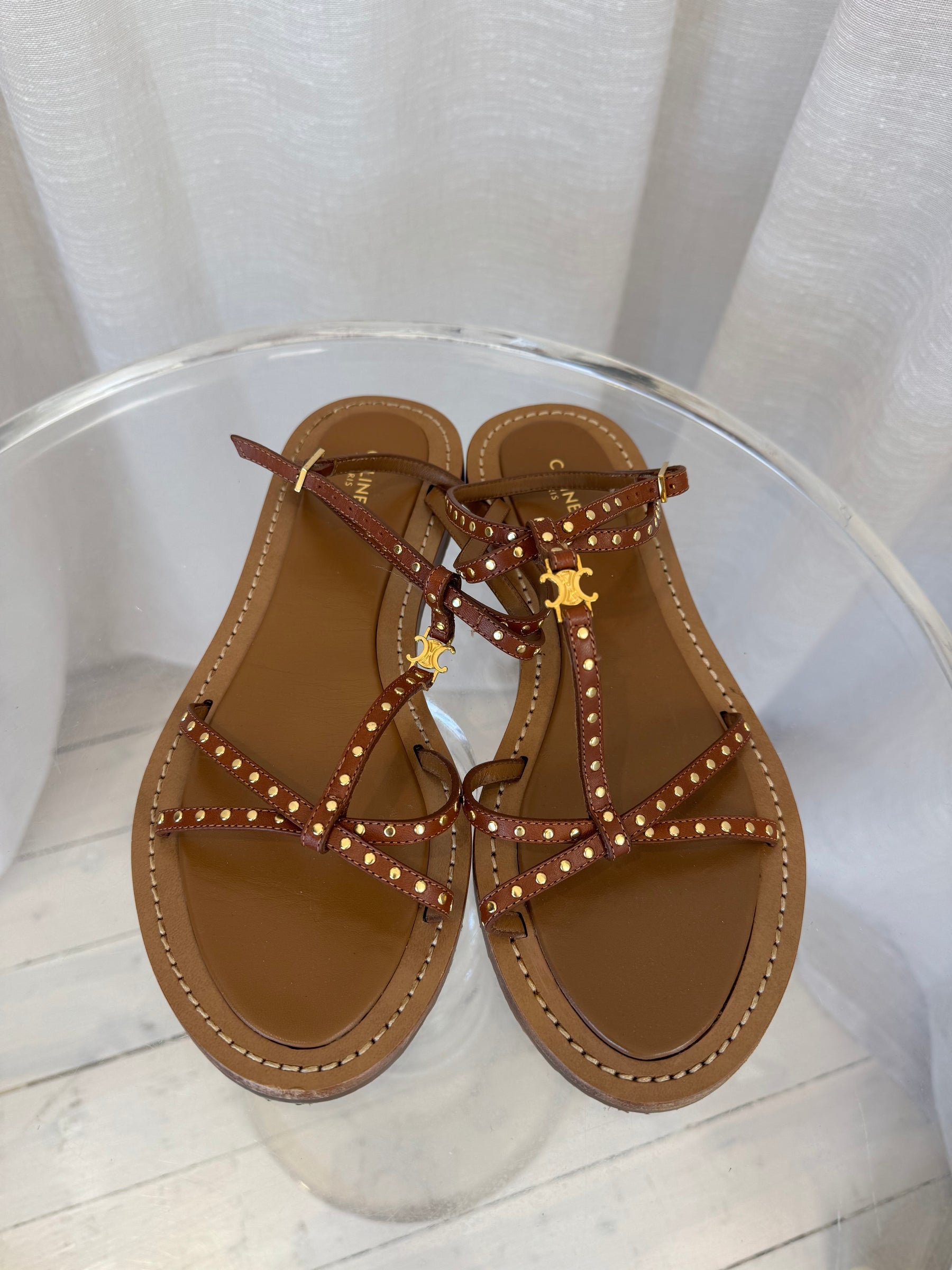 Celine Triomphe Tan Vegan Leather Sandals With Gold Studs, 39