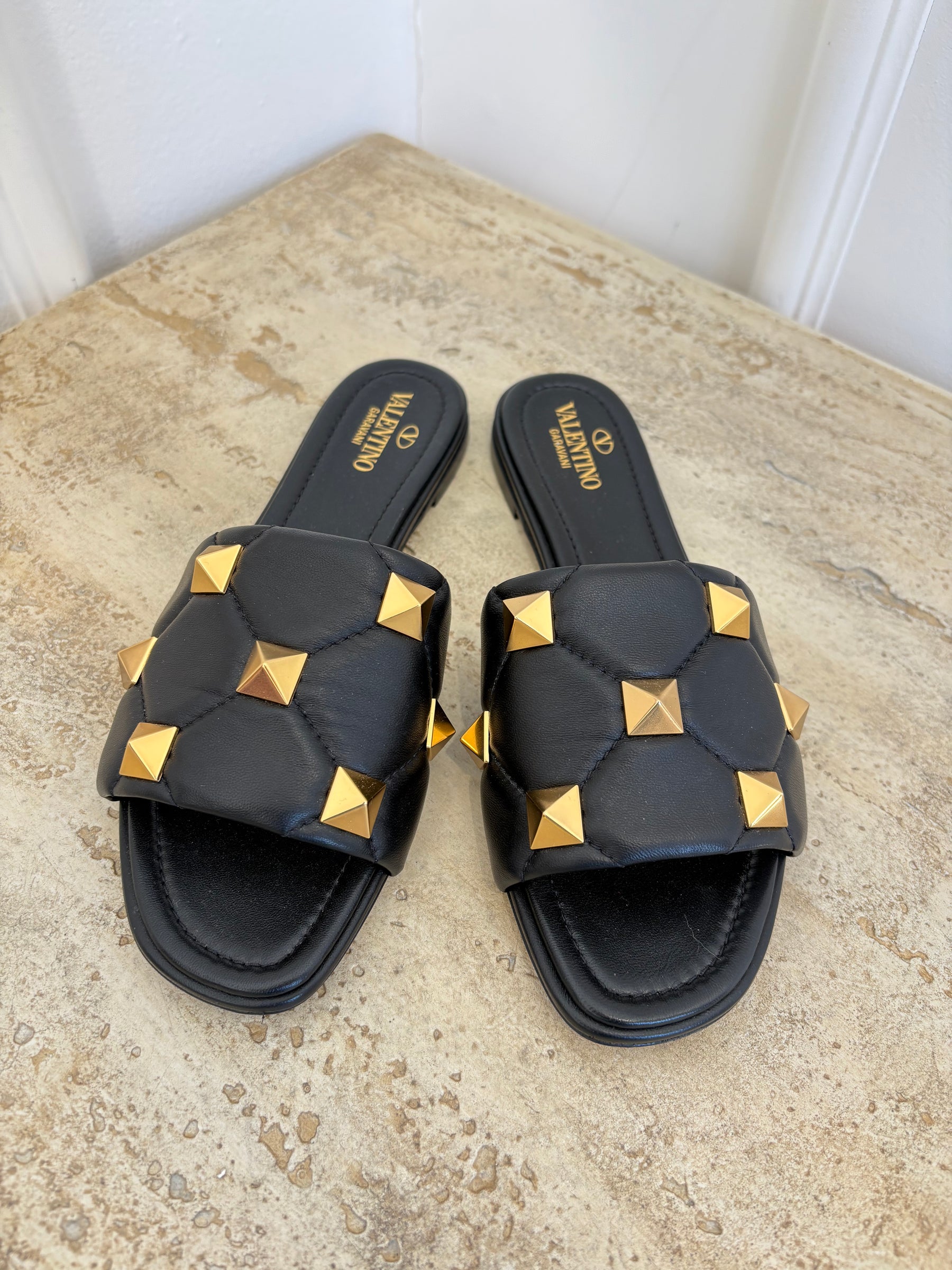 Valentino Garavani Black Roman Stud Mules, 38.5