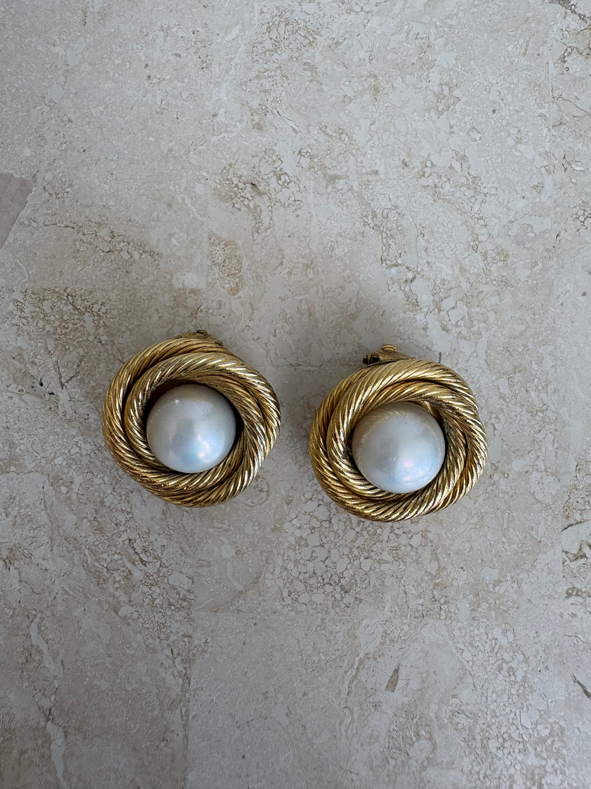 Chanel Textured Twisted Gold Tone and Pearl Clip On Earrings