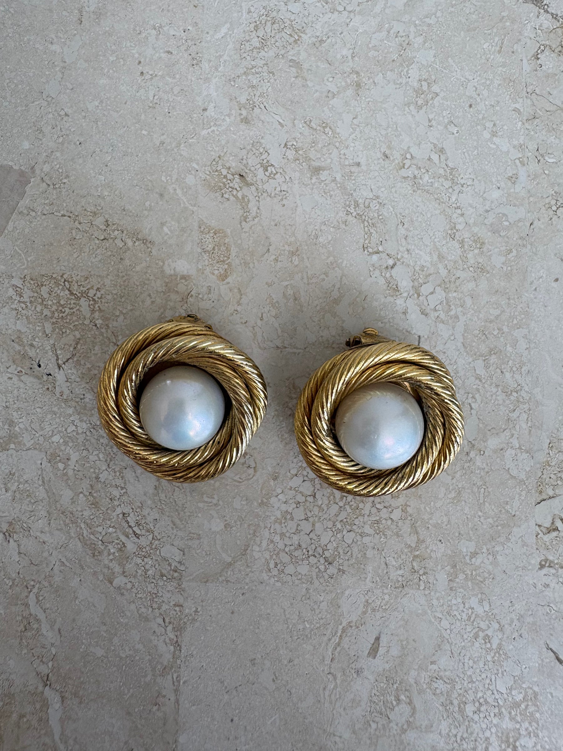 Chanel Textured Twisted Gold Tone and Pearl Clip On Earrings
