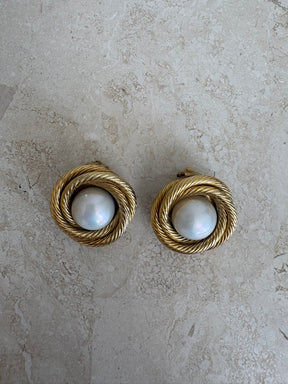 Chanel Textured Twisted Gold Tone and Pearl Clip On Earrings