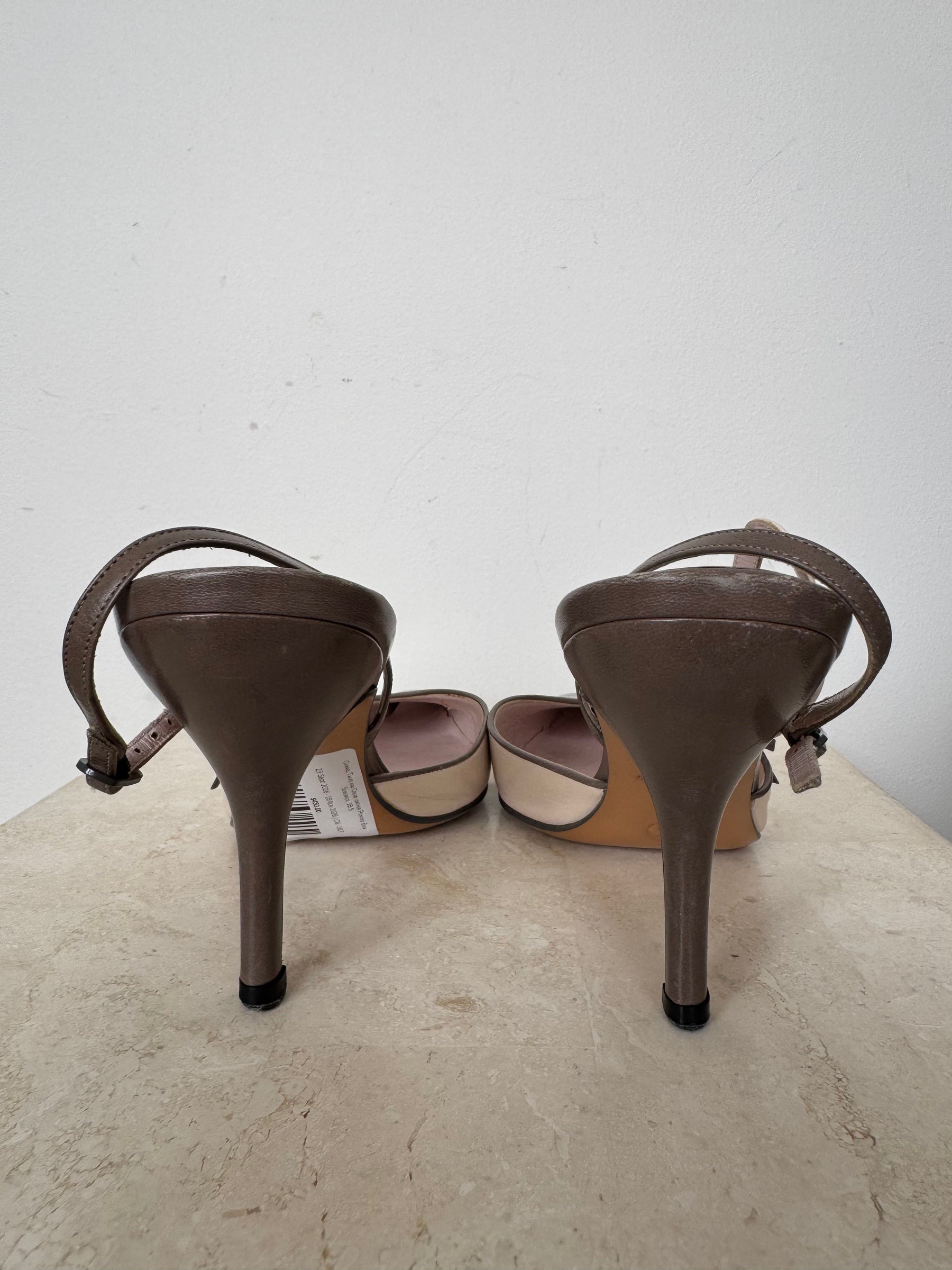 Chanel Taupe and Cream leather Pointed Bow Slingback, 38.5
