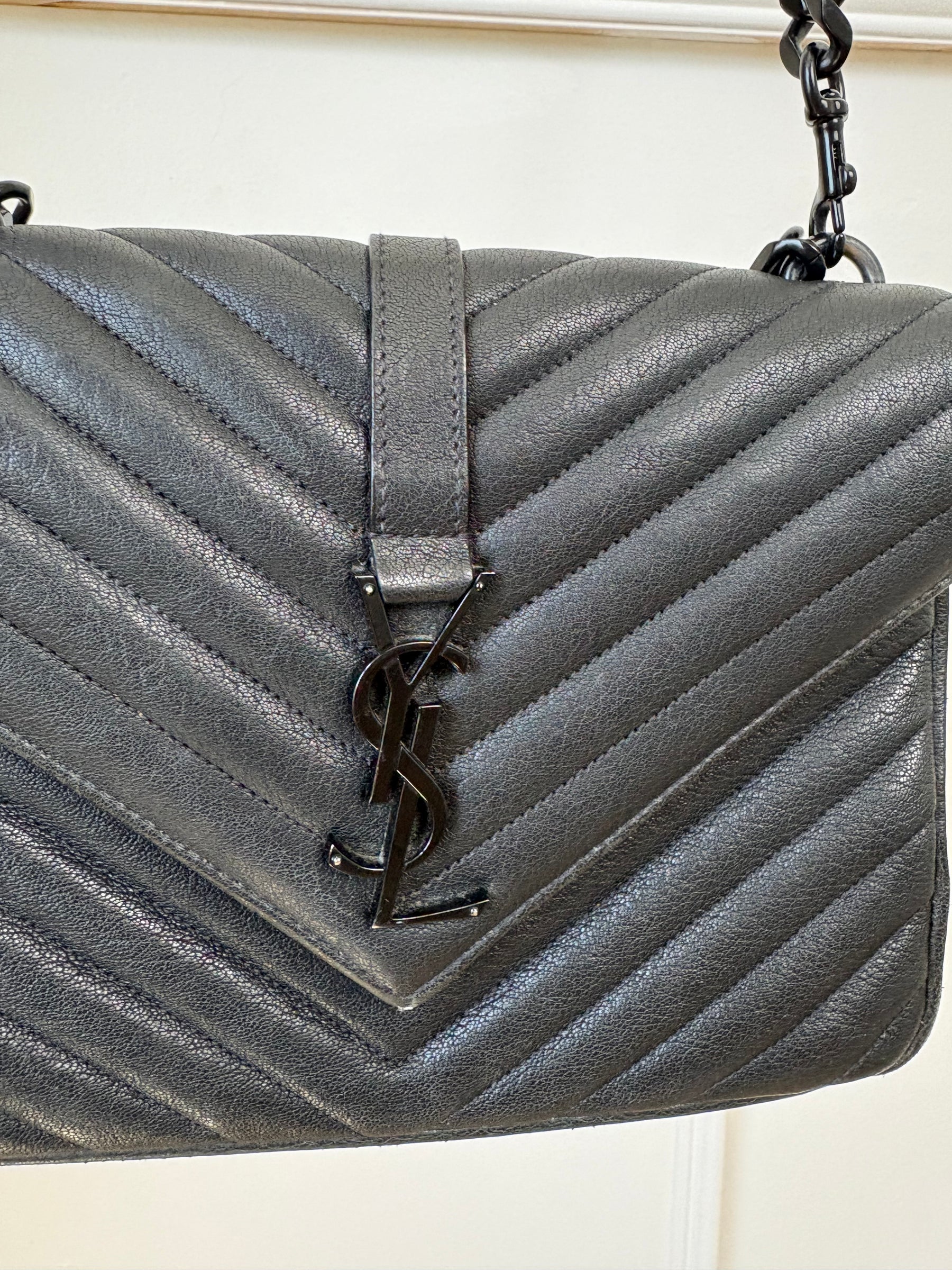 Saint Laurent Small Black Chevron Quilted College Bag Black HW