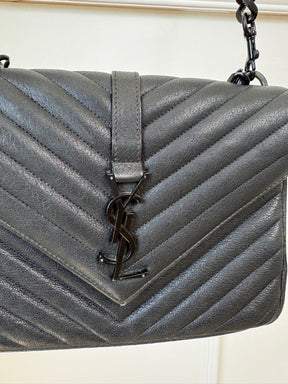 Saint Laurent Small Black Chevron Quilted College Bag Black HW