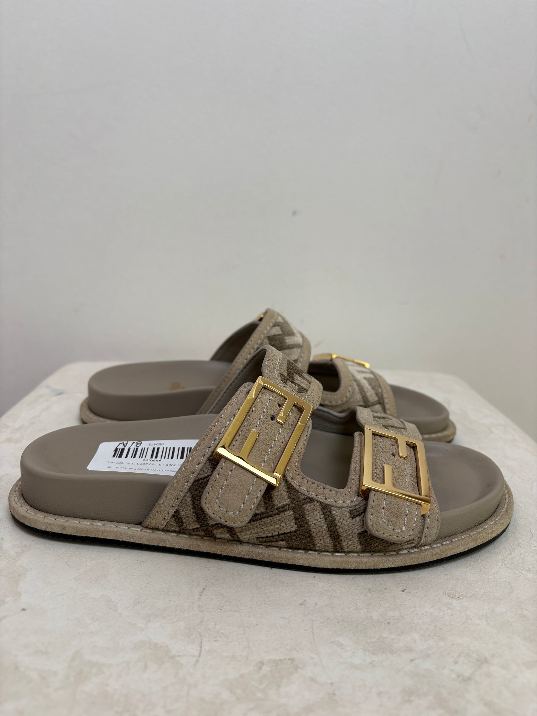 Fendi Beige and Taupe Velvet Feel Slides, 36