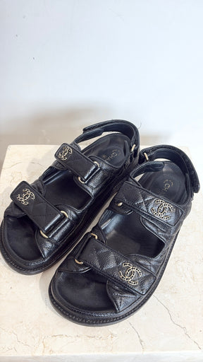Chanel Black Caviar Leather Dad Sandals, 35.5