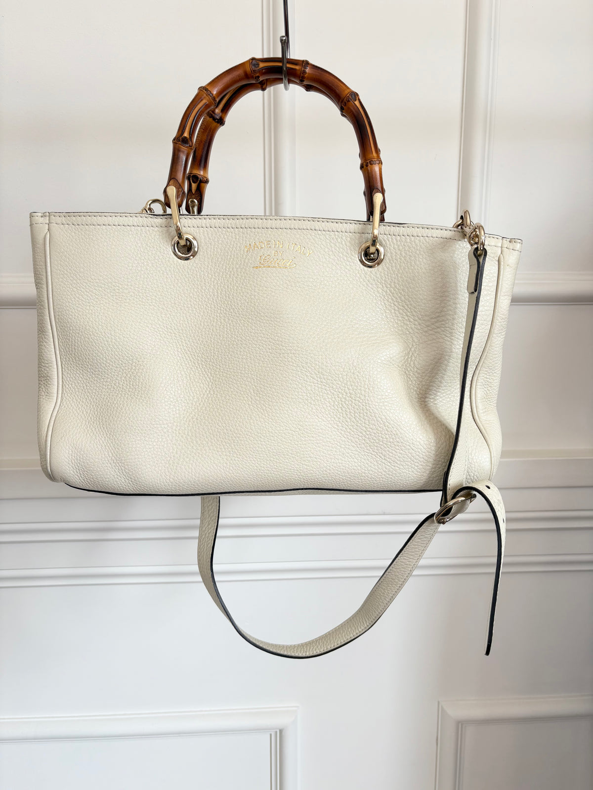 Gucci Bamboo Shopper Leather Tote Cream With Shoulder Strap