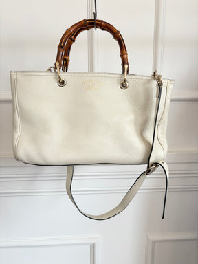 Gucci Bamboo Shopper Leather Tote Cream With Shoulder Strap