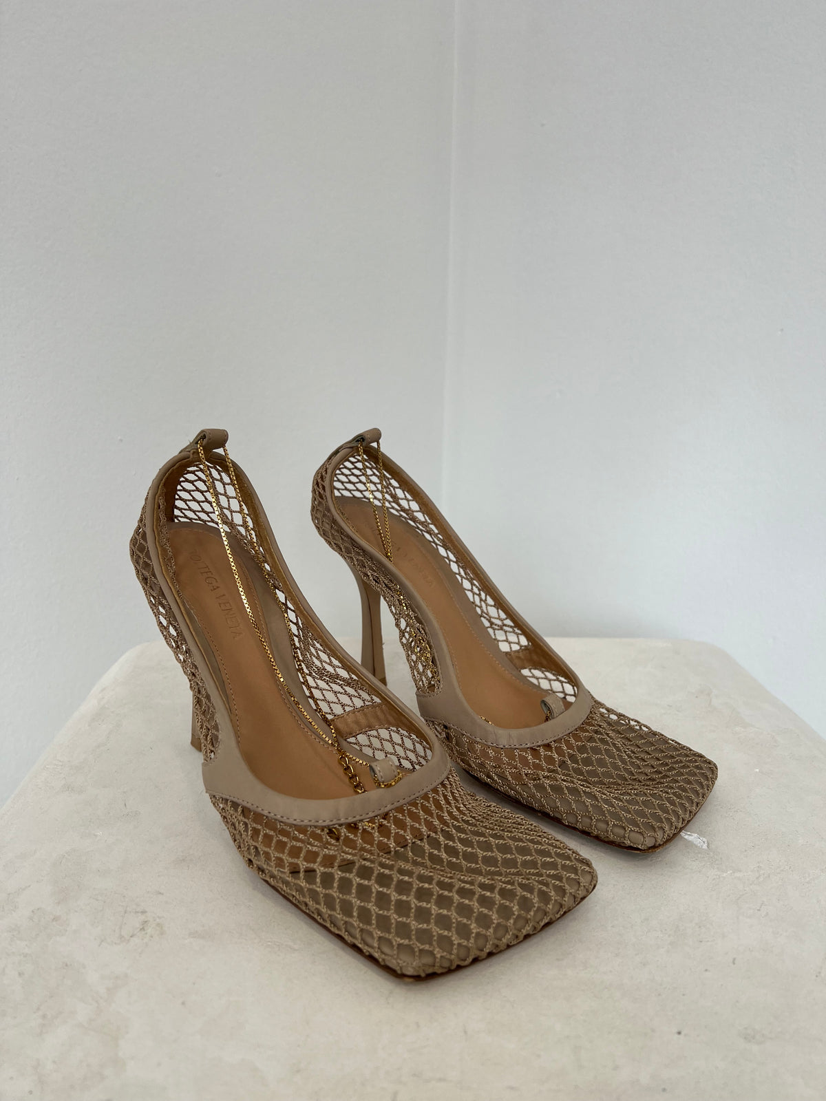 Bottega Veneta Beige Net Chain Heels, 39