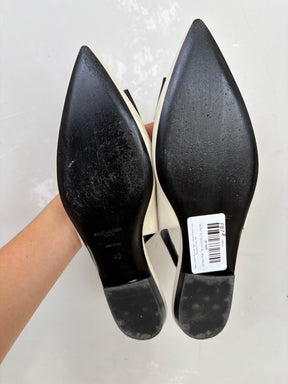 Saint Laurent Ecru and Navy Leather Pointed Logo Slingback Flats, 40