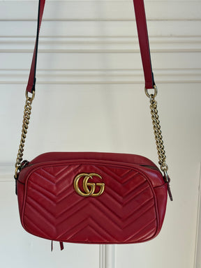 Gucci Red Chevron Quilted Marmont Small Camera Bag