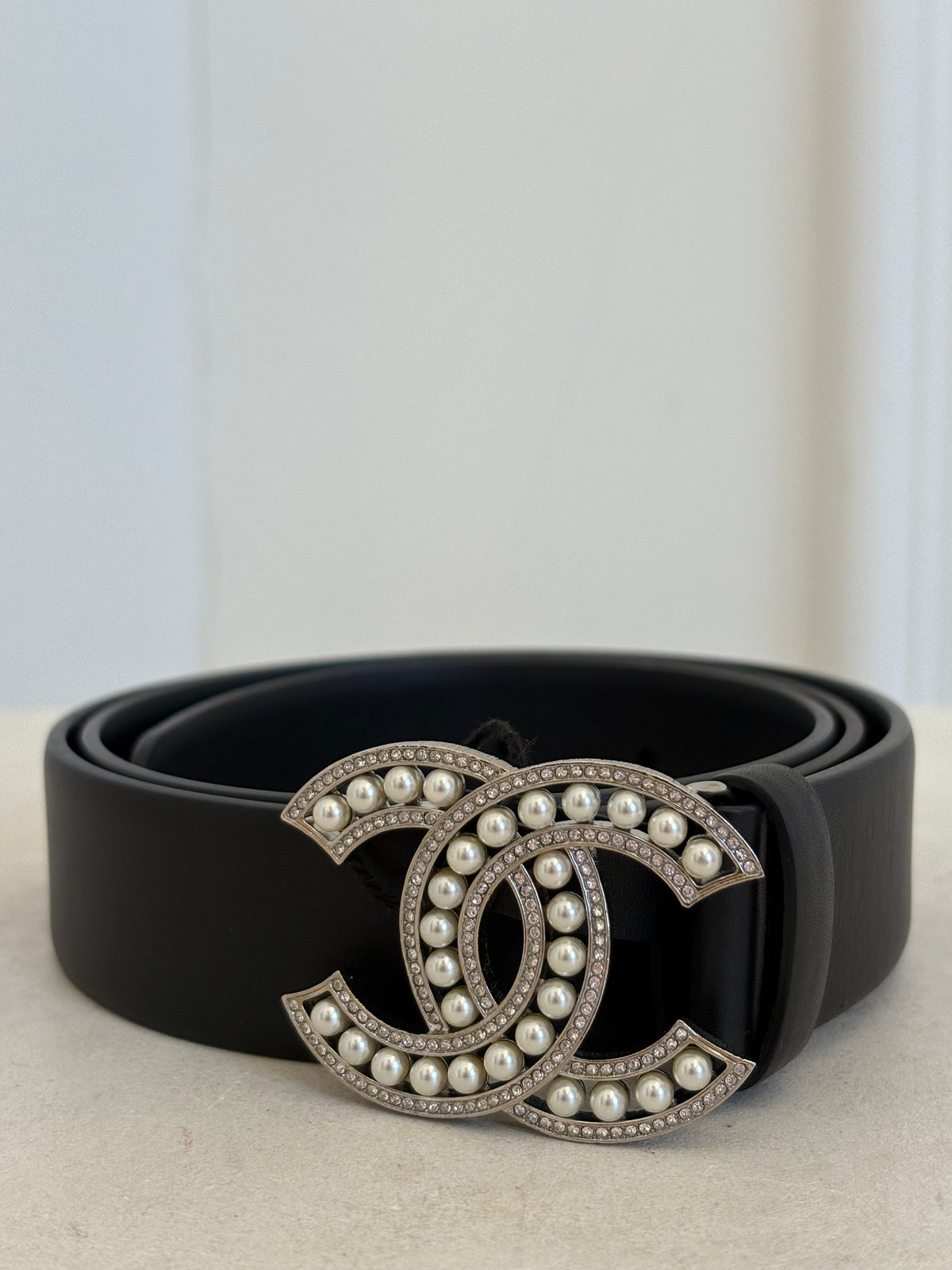 Chanel Black Leather Pearl Embellished Logo Belt, 85