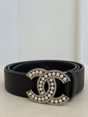 Chanel Black Leather Pearl Embellished Logo Belt, 85