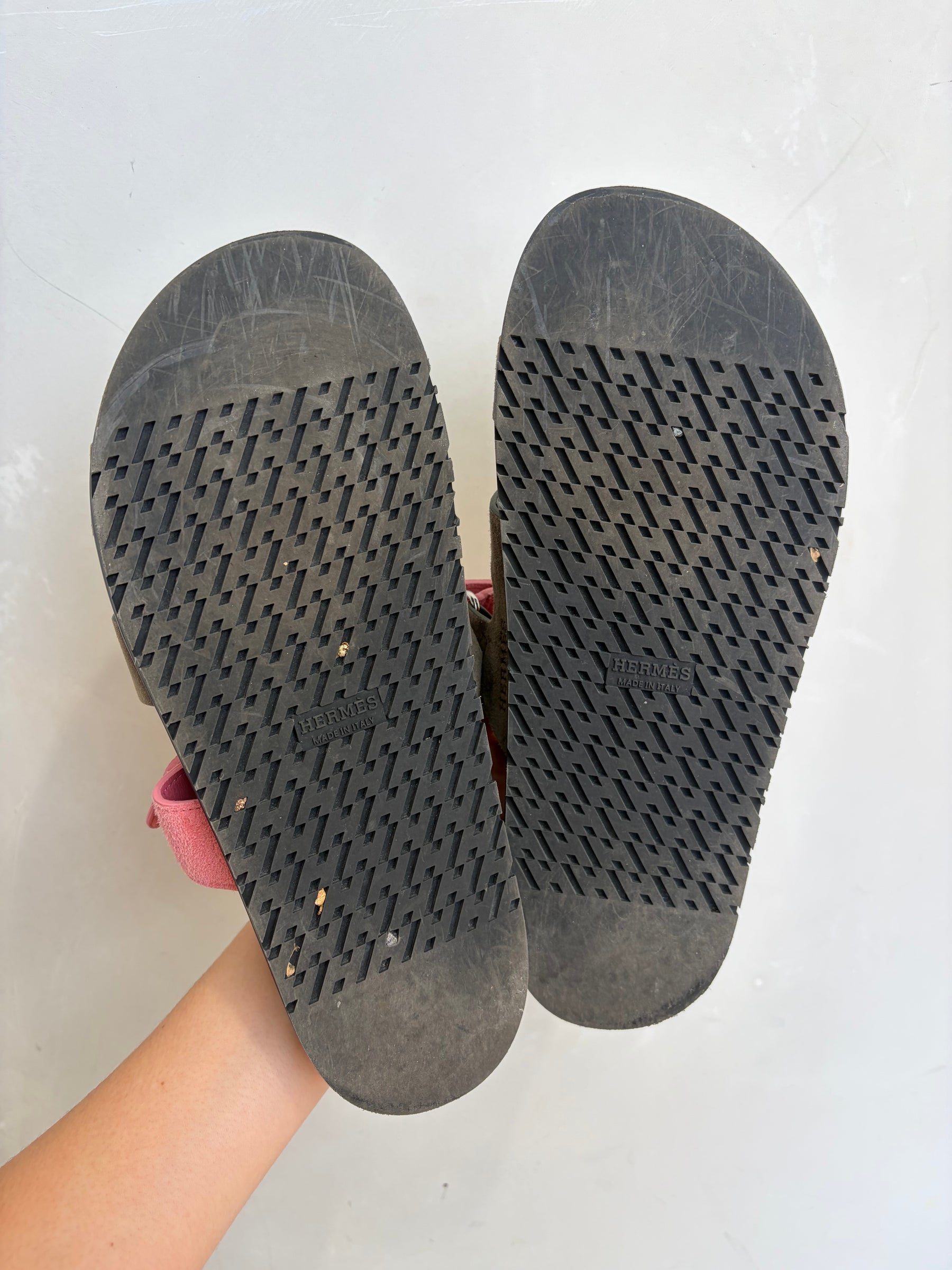 Hermès Khaki and Pink Suede Chypre Sandals, 40