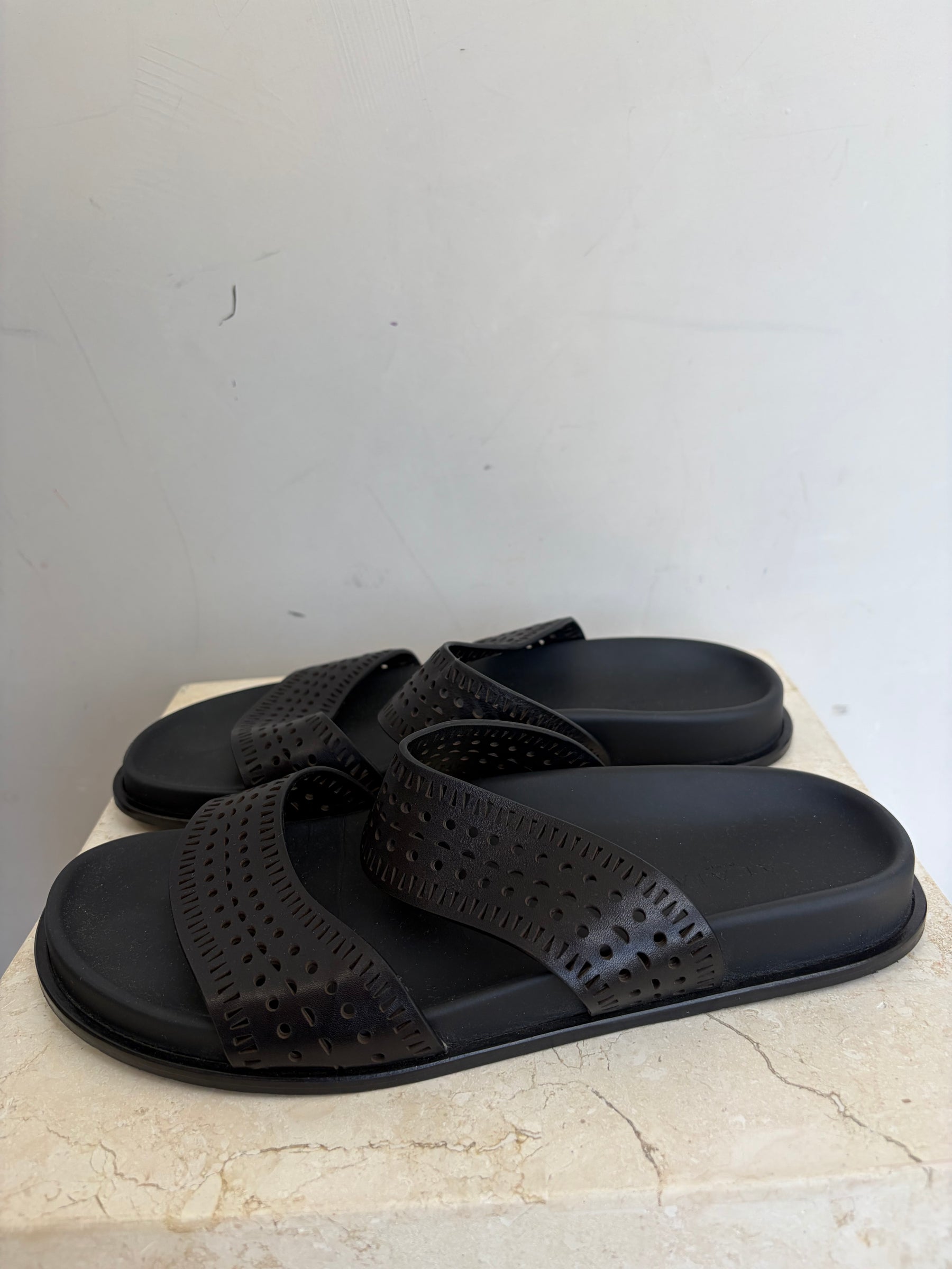 Alaia Black Laser Cut Slides, 40