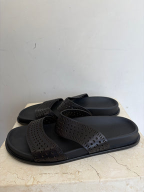 Alaia Black Laser Cut Slides, 40