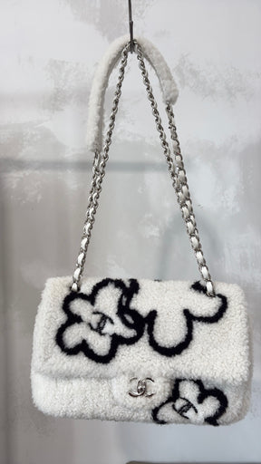 Chanel White and Black Floral Logo Medium Shearling Flap Bag