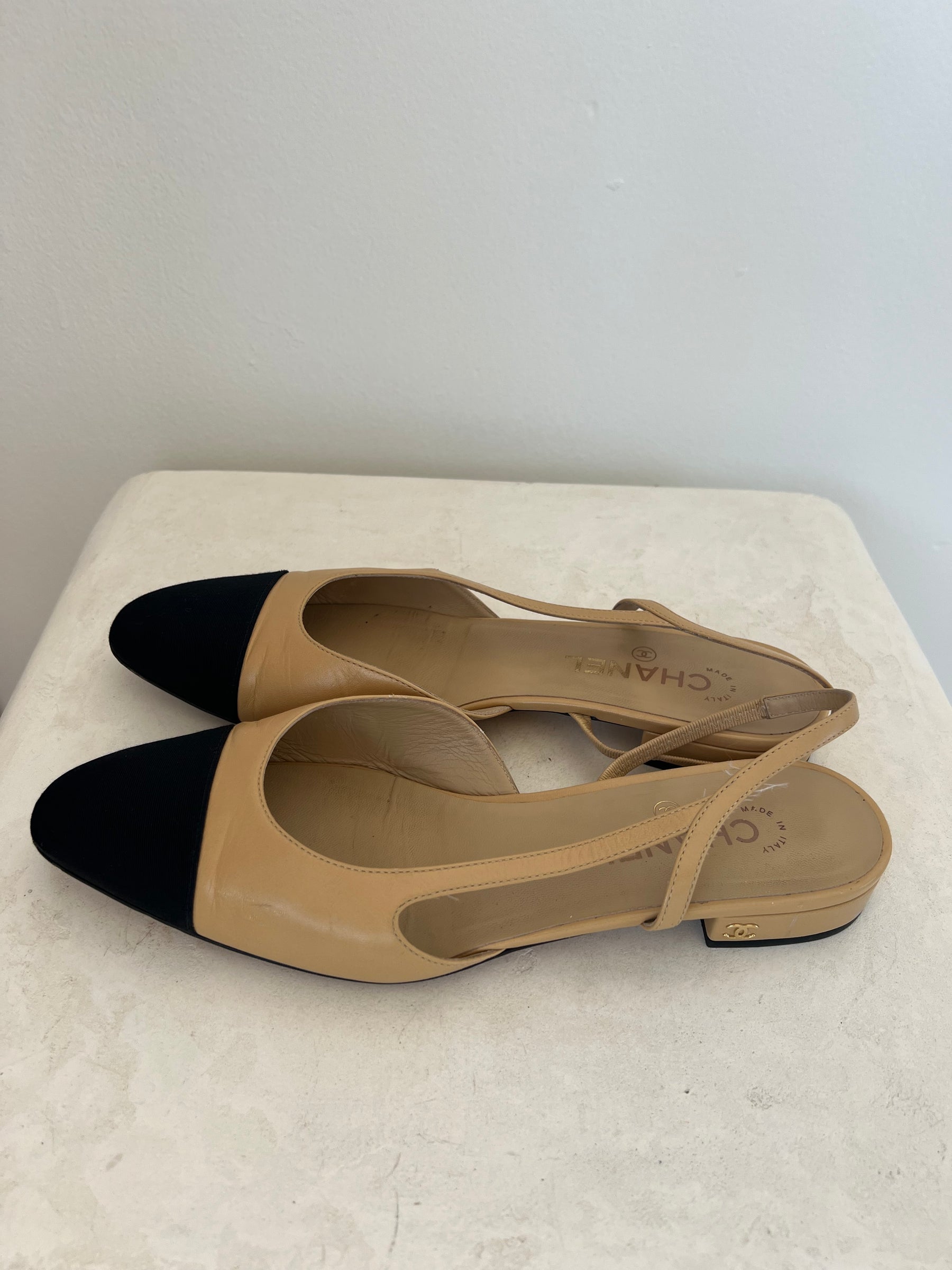 Chanel Beige and Black Ballet Flat Slingbacks, 40.5C