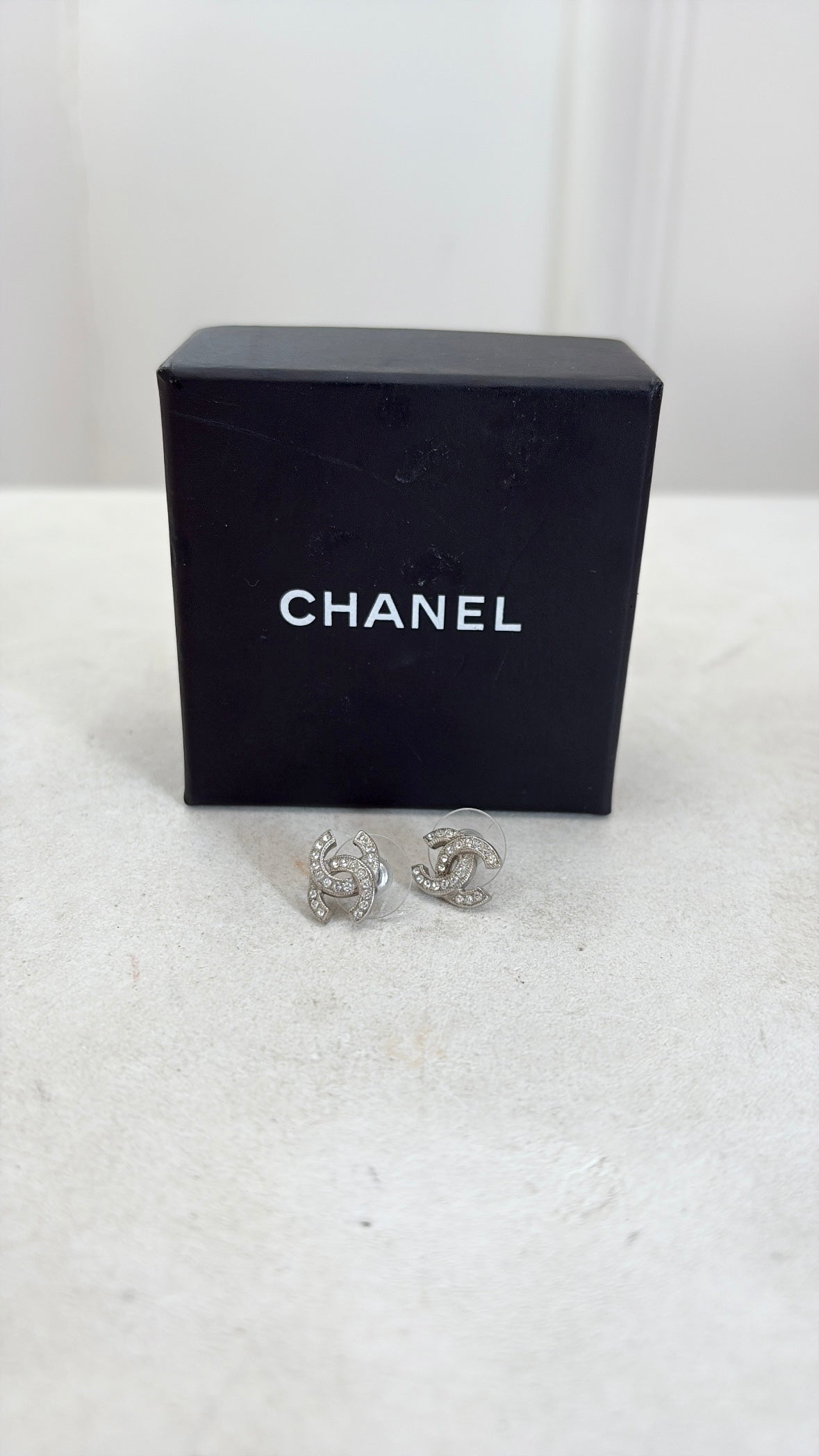 Chanel Silver Crystal Logo Studs