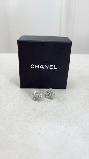 Chanel Silver Crystal Logo Studs