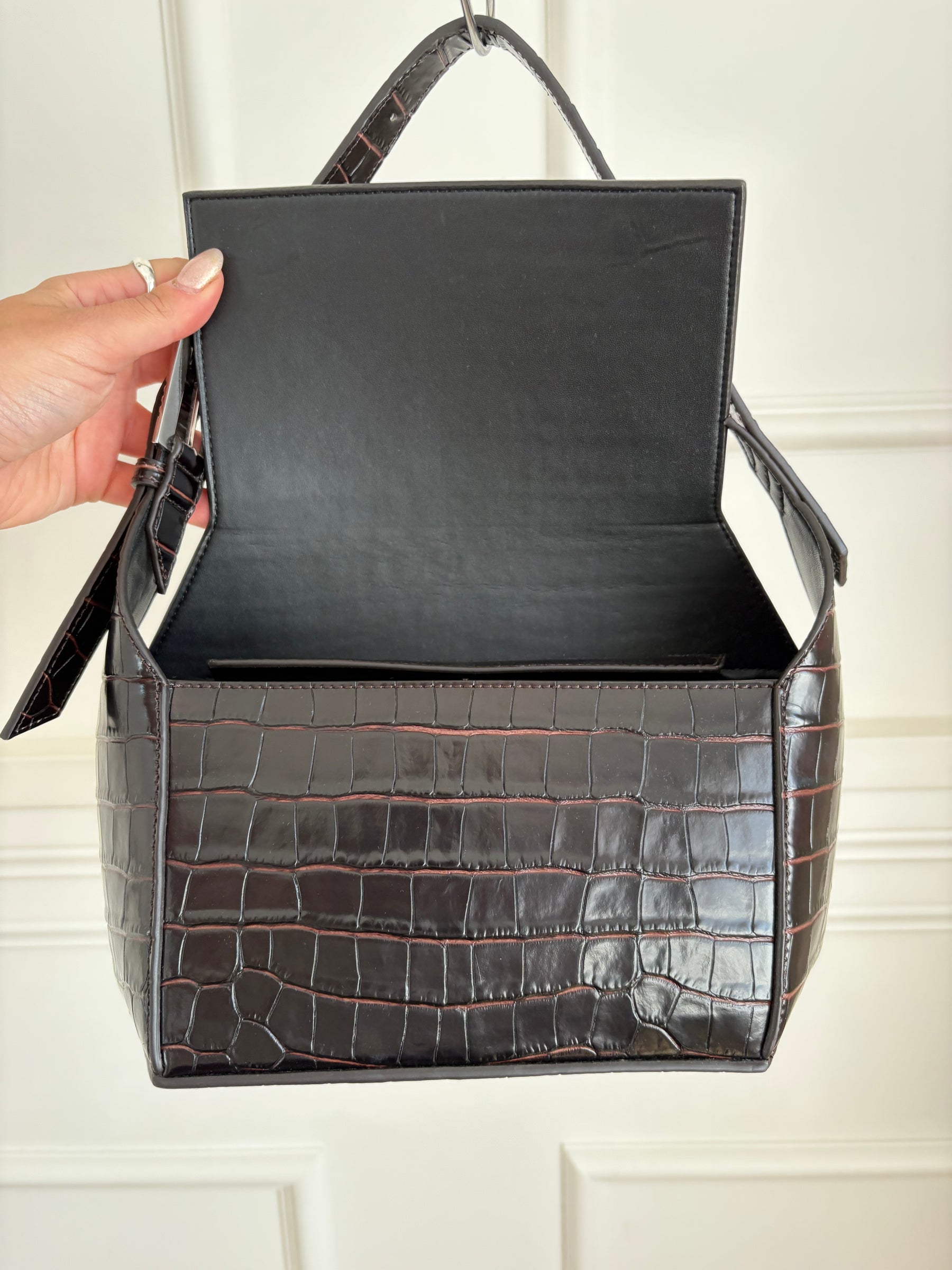 THE ATTICO Dark Brown Croc Embossed 7/7 Shoulder Bag