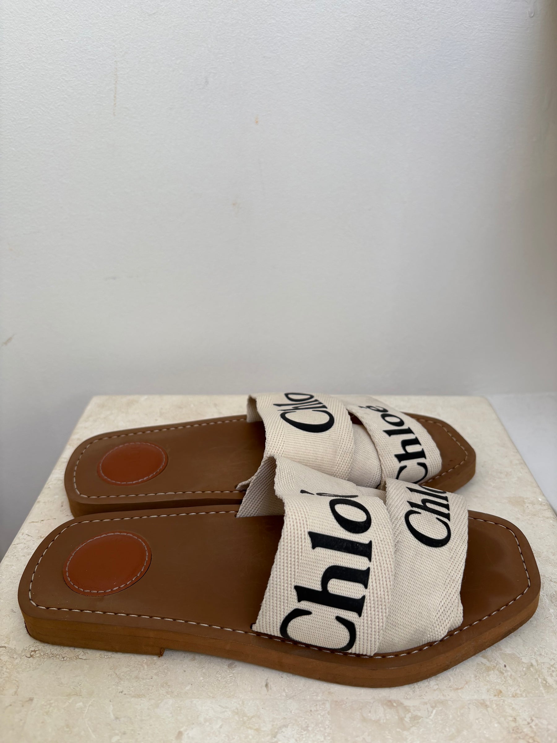 Chloe Woody Canvas Slides In White, 37
