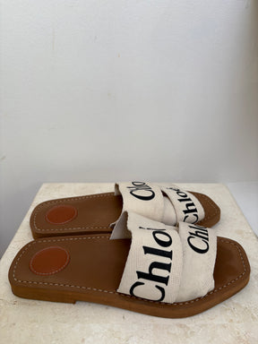 Chloe Woody Canvas Slides In White, 37