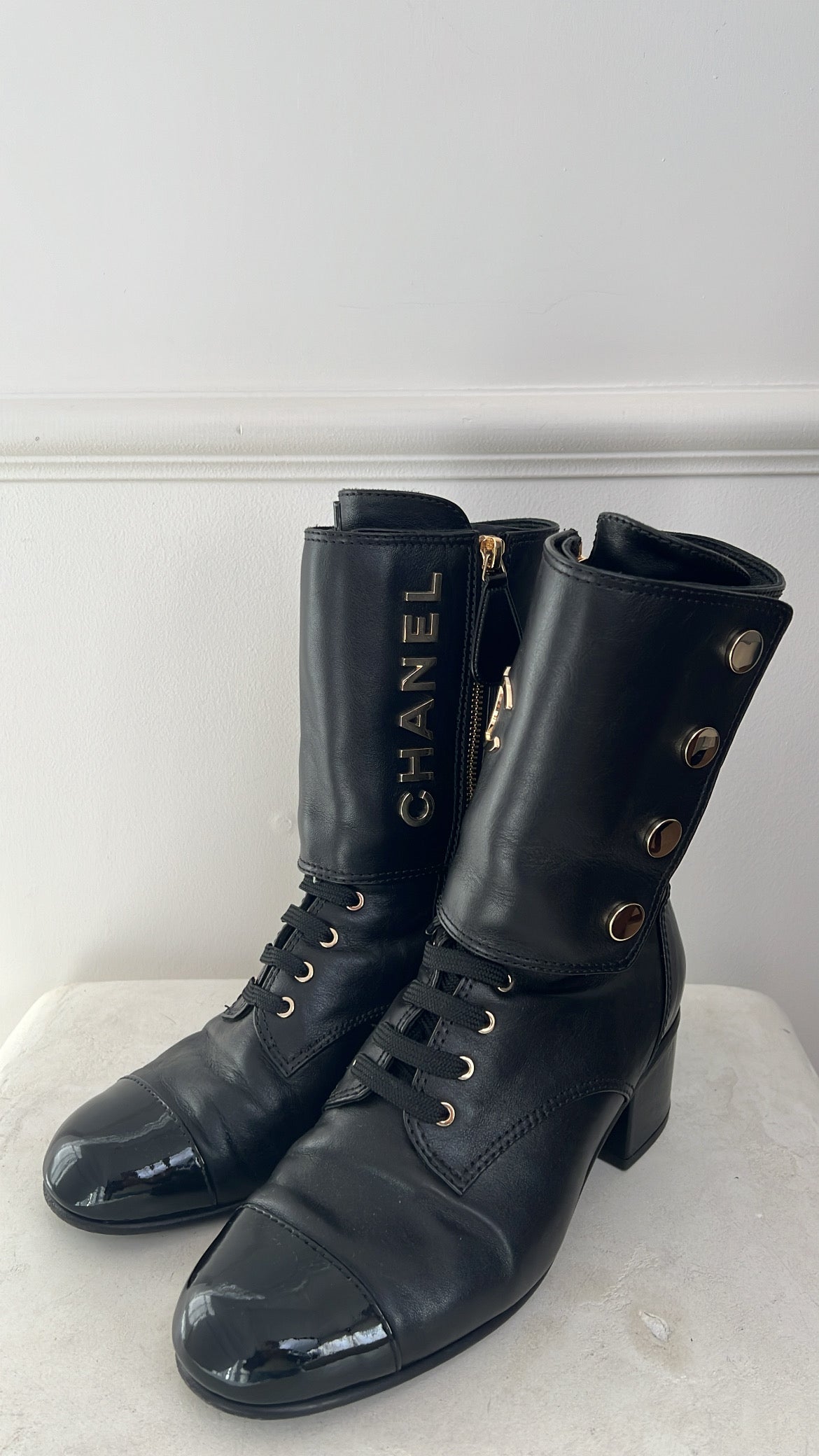 Chanel Black Leather Logo Press Stud Ankle Boots, 39.5