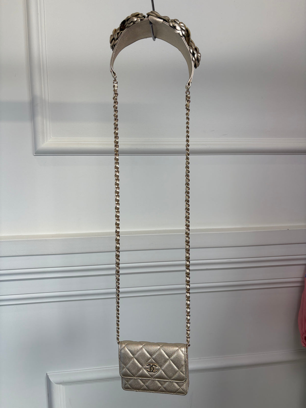 Chanel Gold Leather Camellia Strap Mini Card Holder on Chain