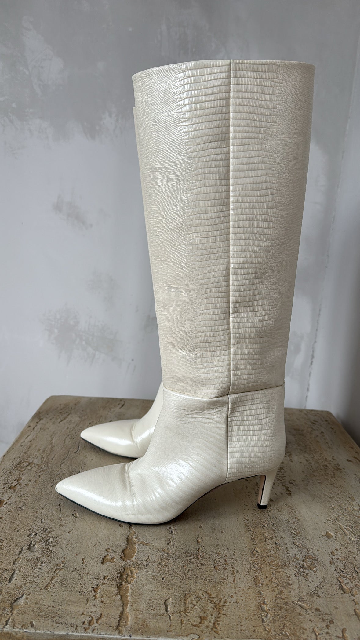 Paris Texas Cream Lizard Embossed Leather Heeled Boots, 37