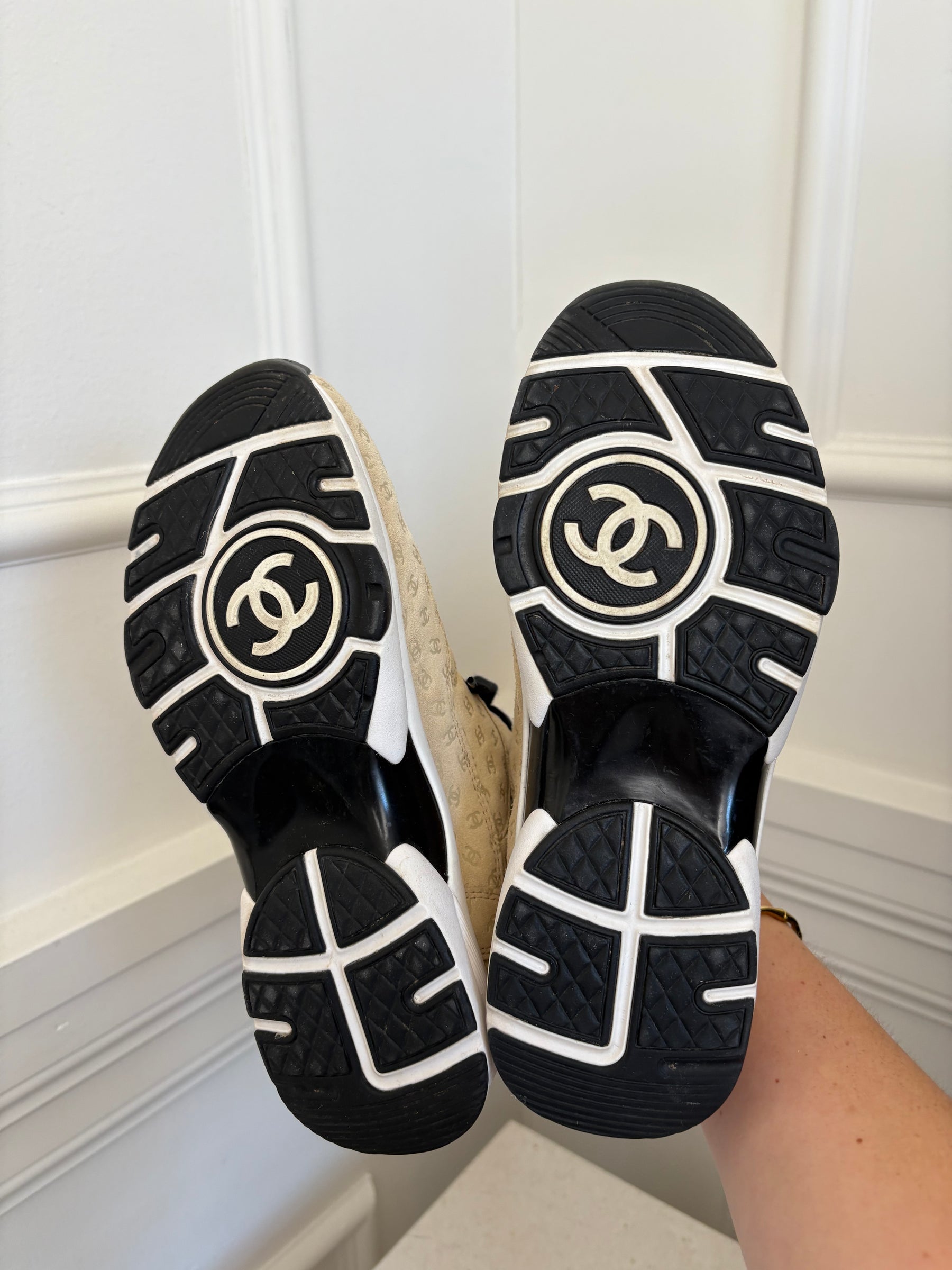 Chanel Beige Suede Logo Embossed Trainers, 38