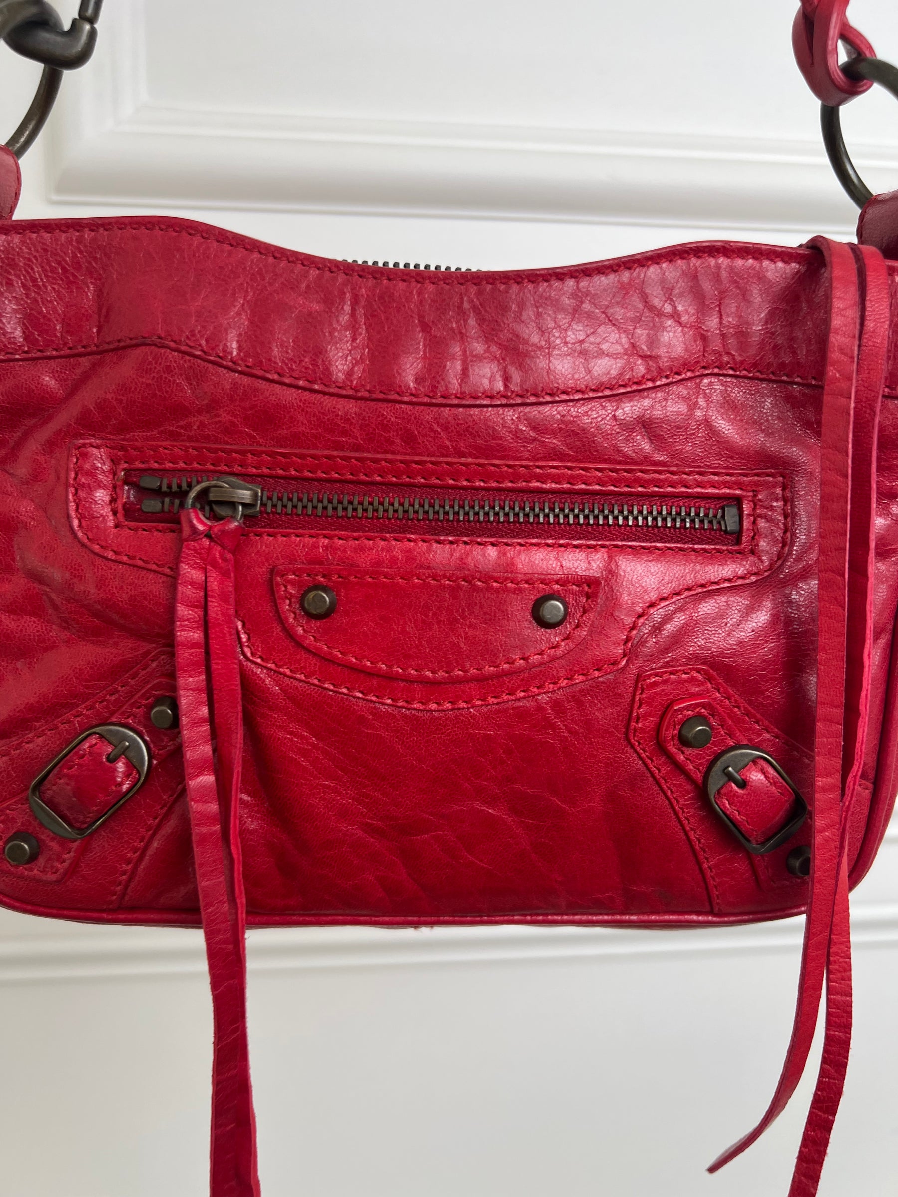 Balenciaga Hip Leather Handbag Red