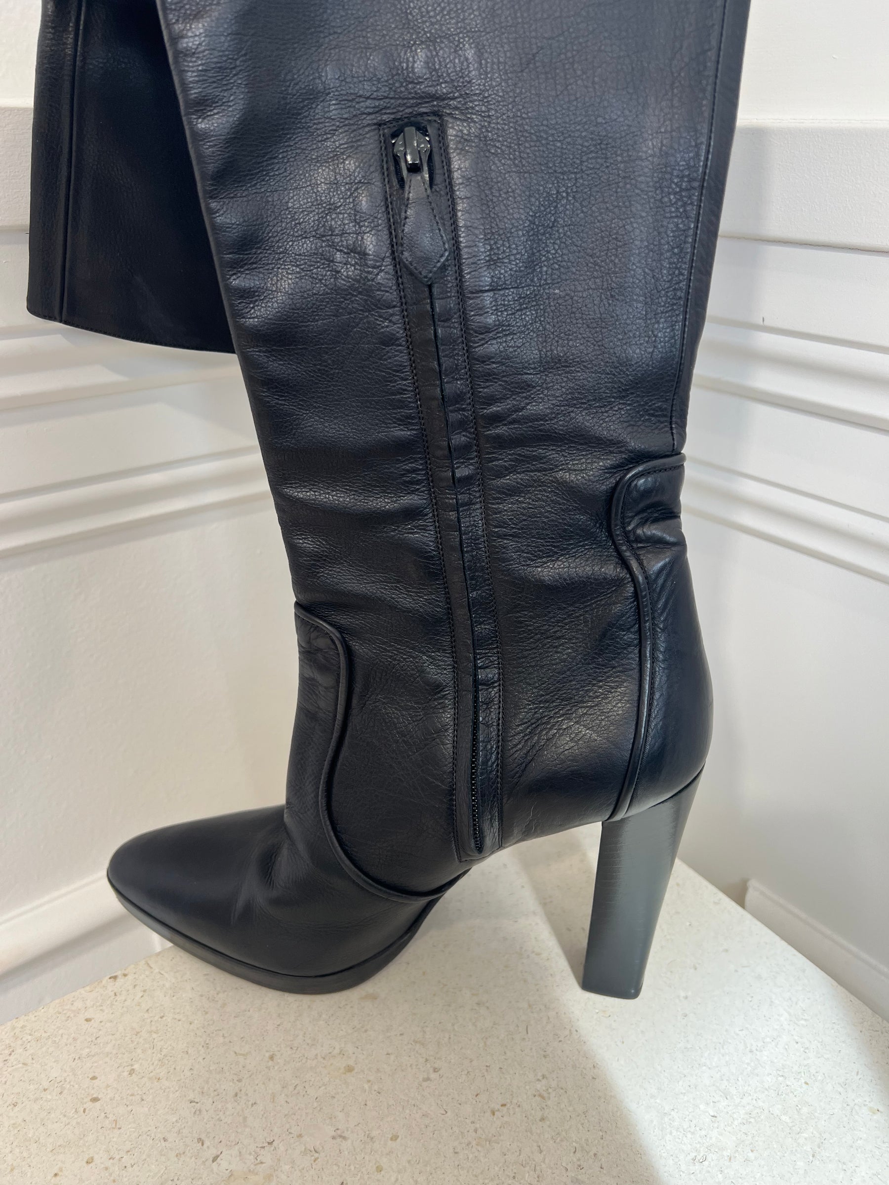 Hermès Black Leather Platform Knee High Boots, 40
