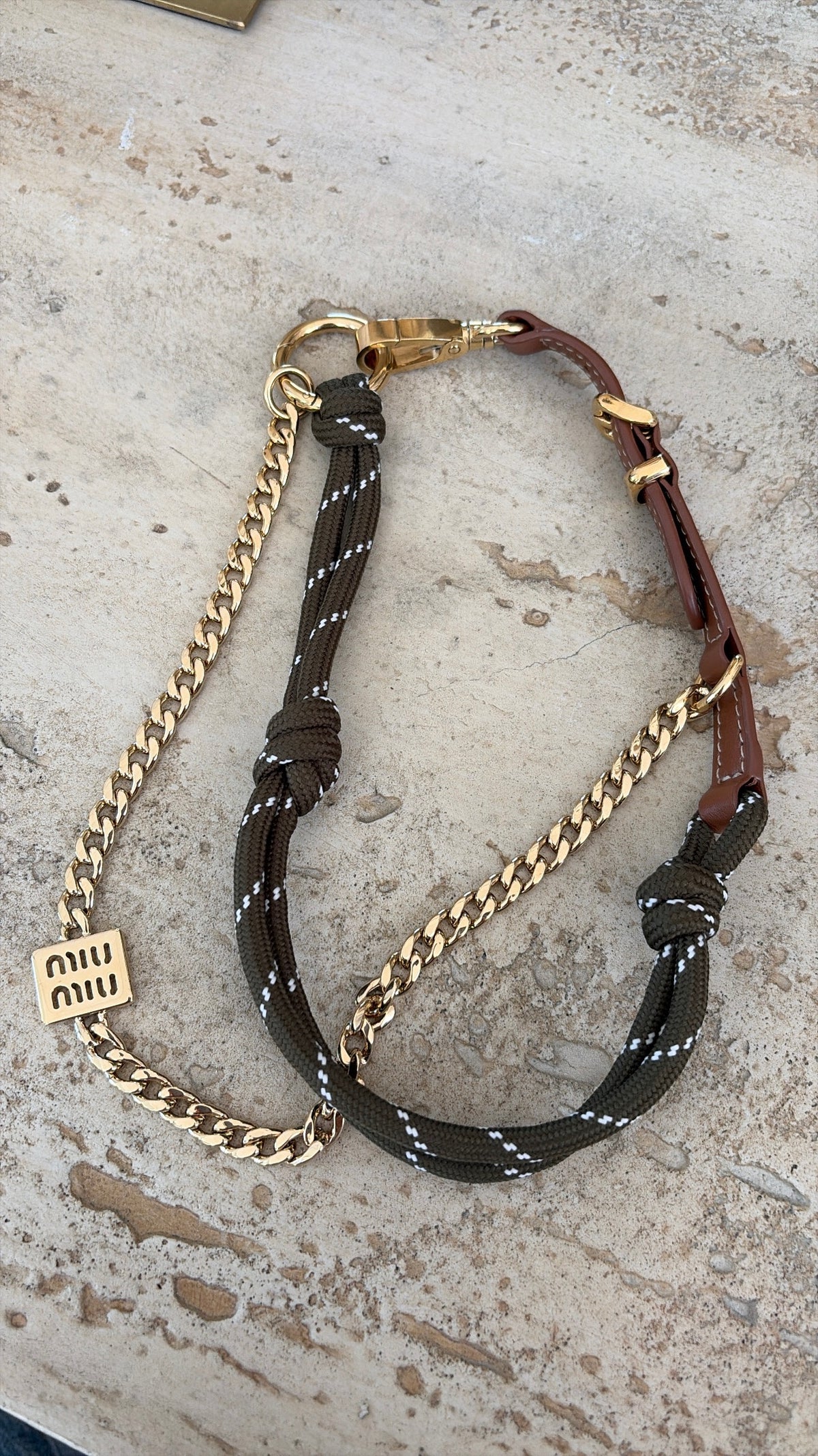 Miu Miu Khaki and Tan Leather, cord and metal trick keyring
