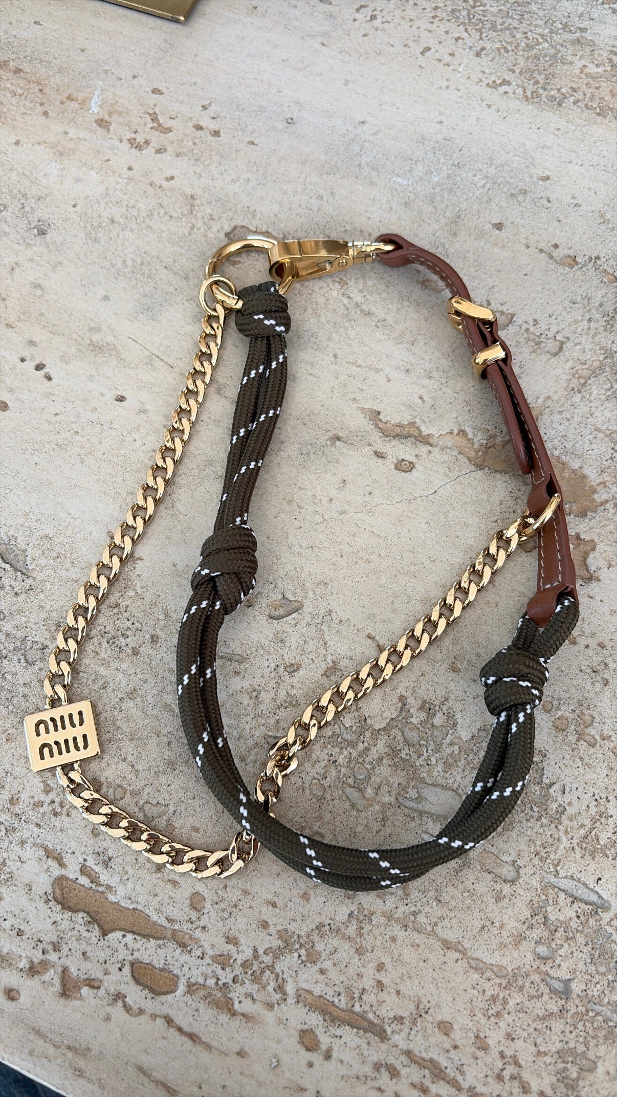 Miu Miu Khaki and Tan Leather, cord and metal trick keyring