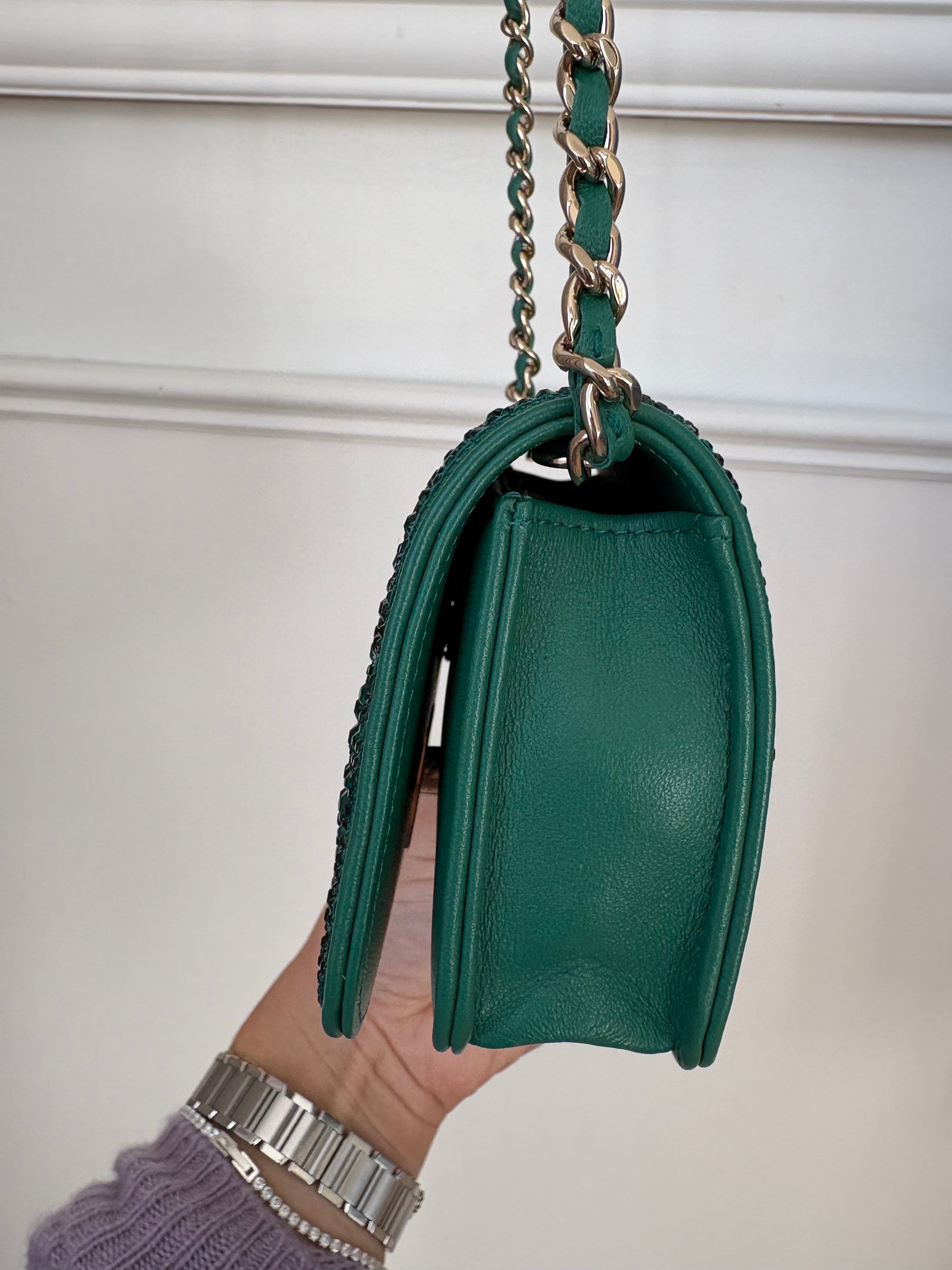 Chanel Emerald Leather and Swarovski Mini Flap Crossbody