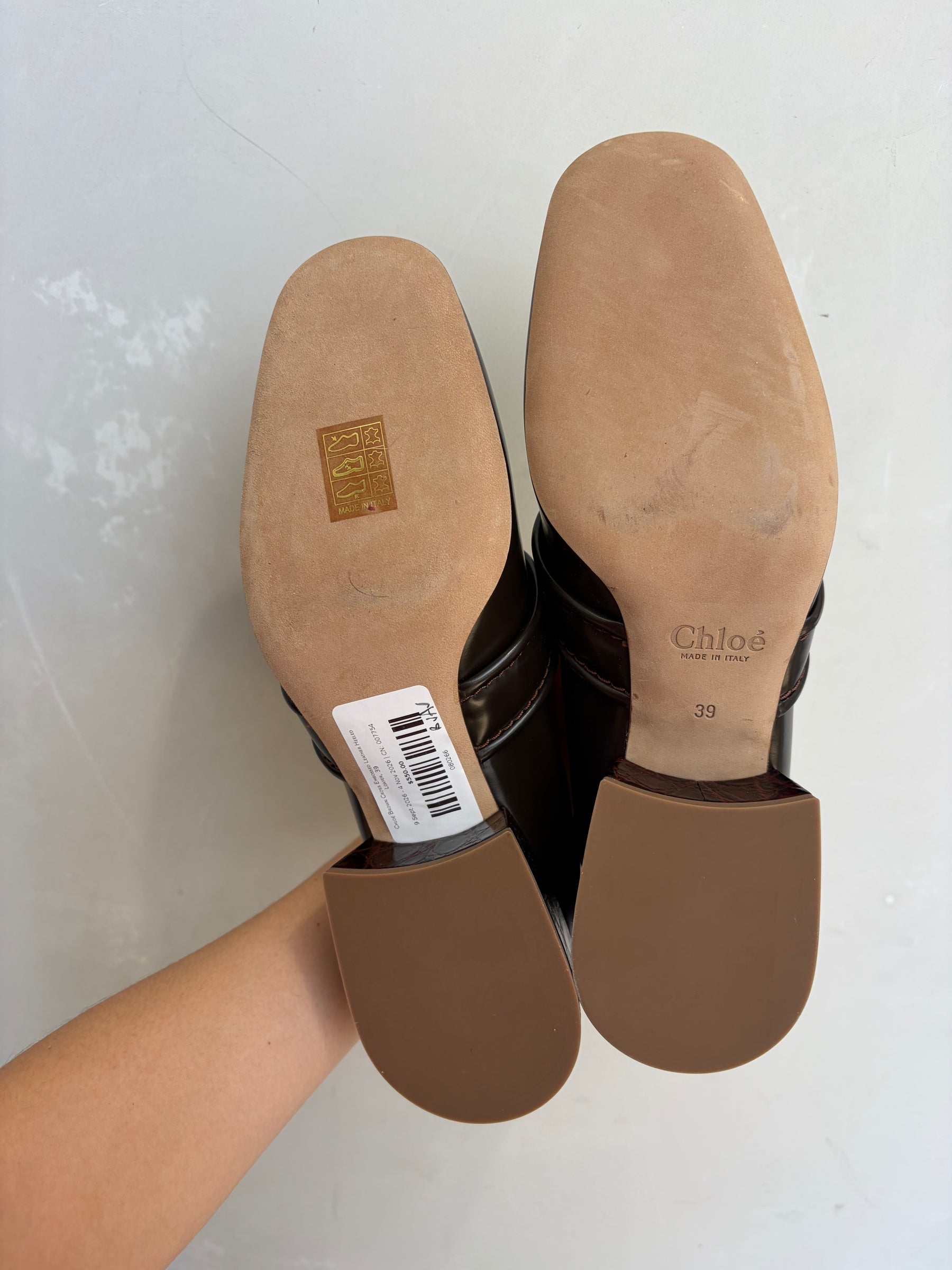 Chloé Brown Cross Embossed Leather Heeled Loafer, 39