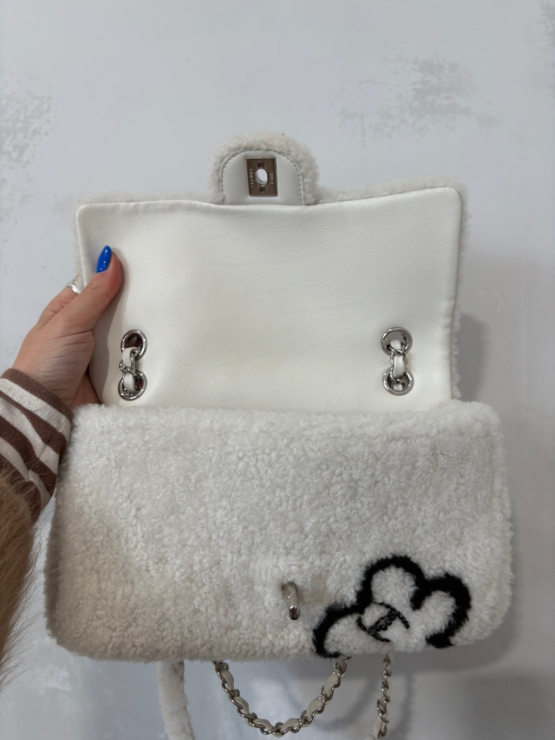 Chanel White and Black Floral Logo Medium Shearling Flap Bag