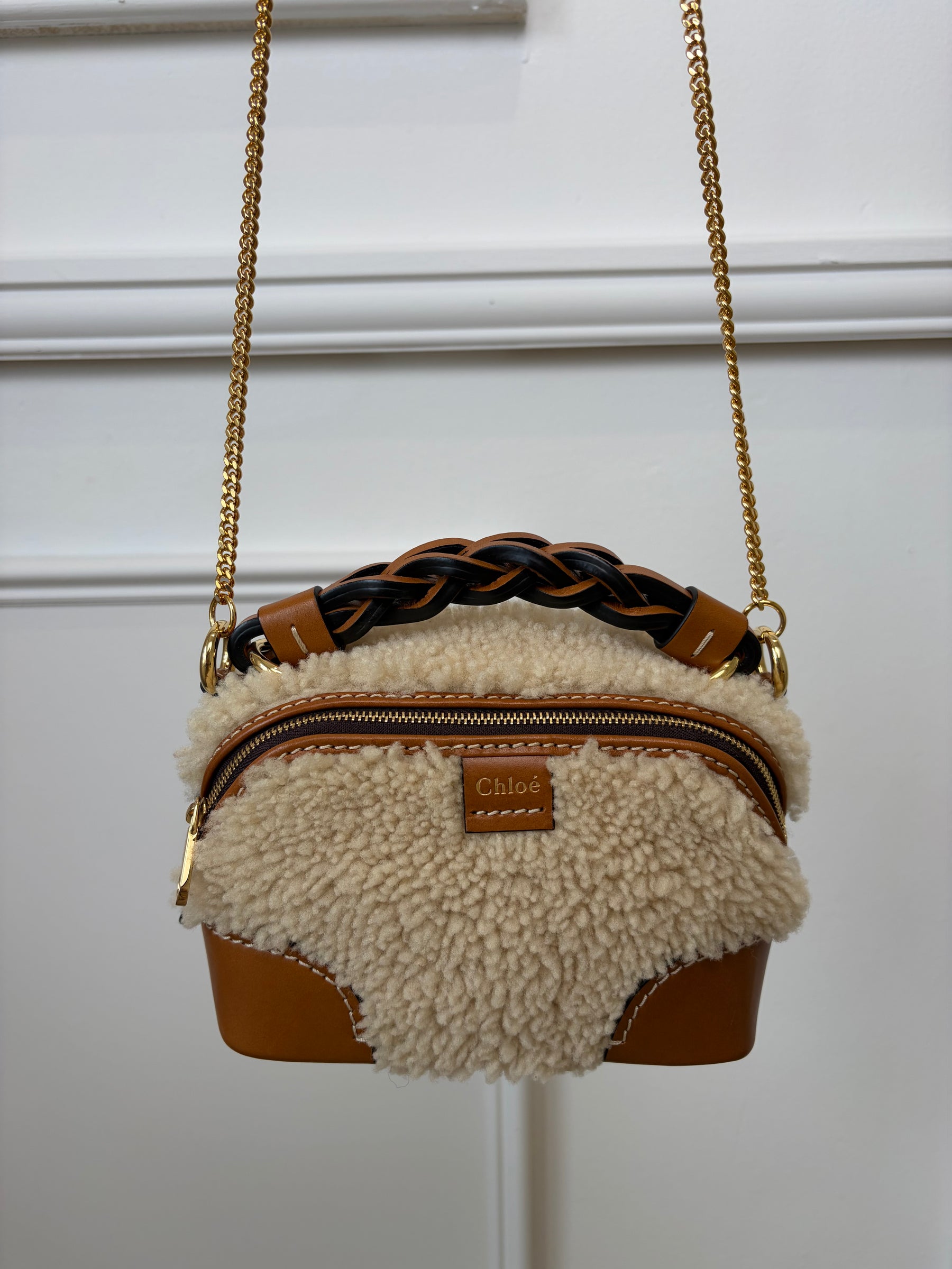 Chloé Tan Leather and Shearing Mini Daria Crossbody Bag